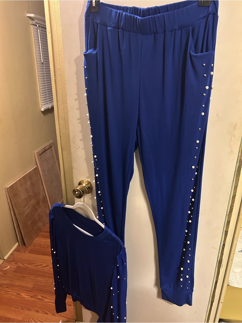 SHEIN Royal Blue Pearl-Trim Jogger Pants & Top